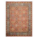 9x12 Burnt Orange Aqua Brown Color Hand Knotted Geometric Wool Transitional Oriental Rug